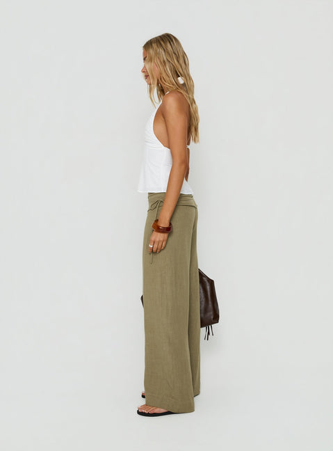 Silver Moon Linen Blend Tie Pants Olive Green Petite