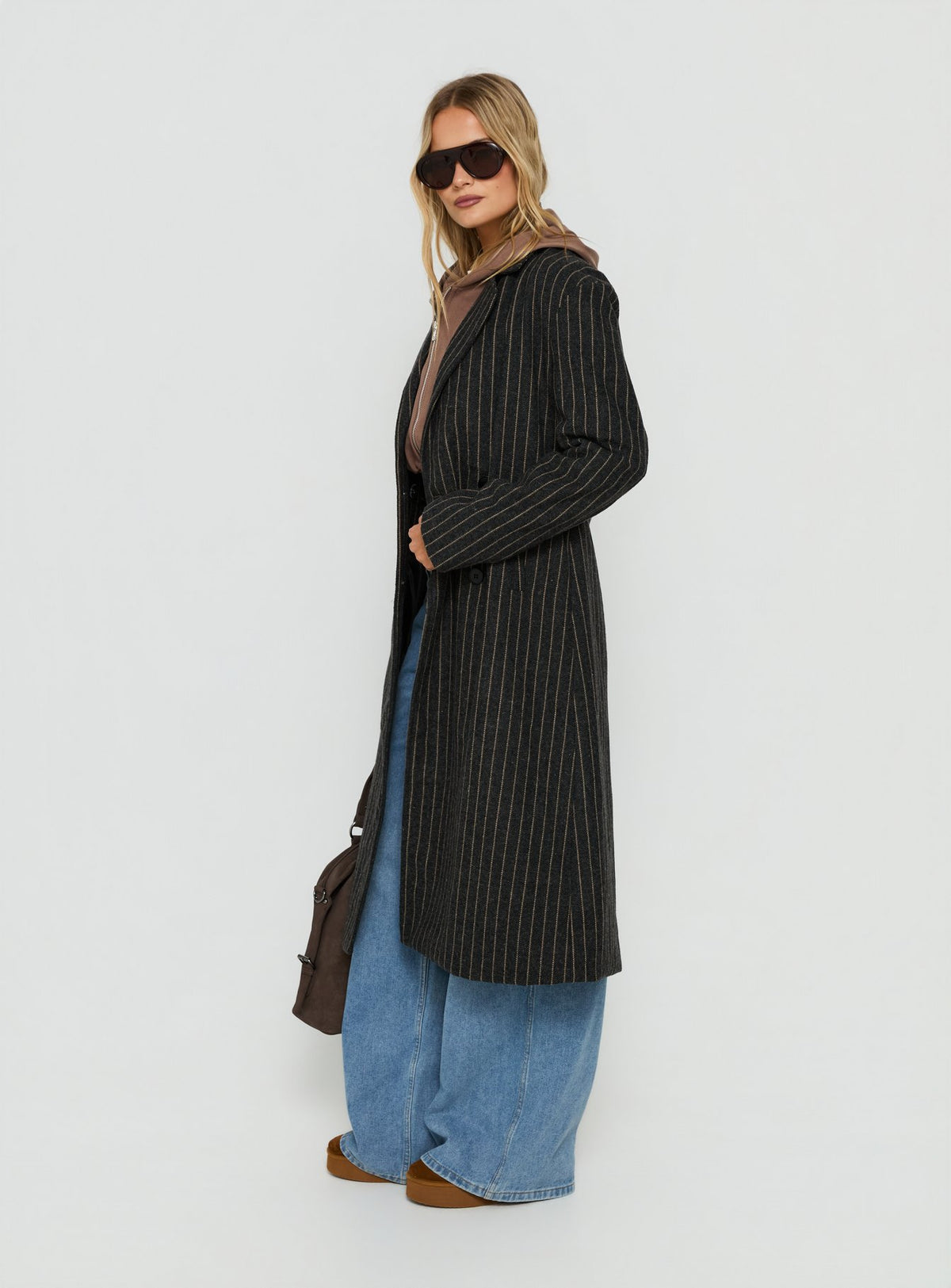 Olimpea Longline Trench Coat Black Pinstripe