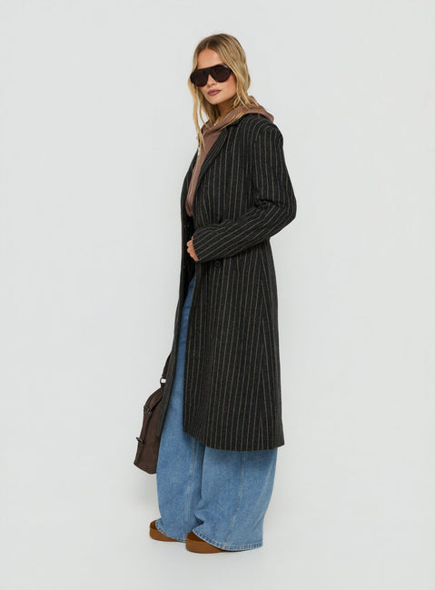 Olimpea Longline Trench Coat Black Pinstripe