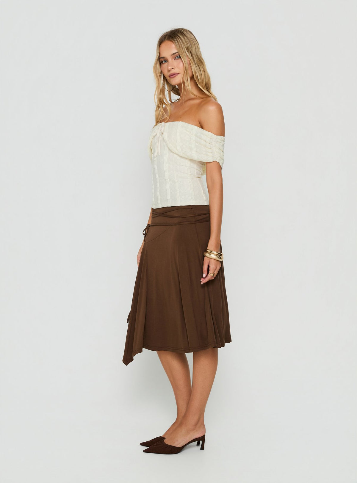 Joaney Tie Side Jersey Midi Skirt Chocolate