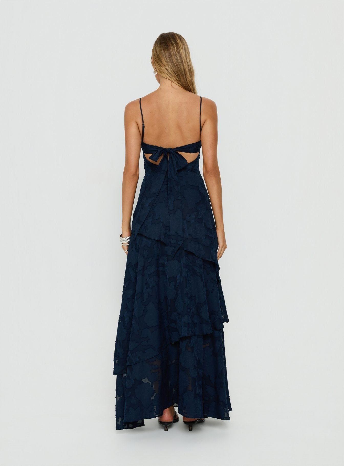 navy blue tiered maxi dress Baltic Born Womens Mariella Tiered Maxi Dress | Navy + Rust