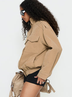 Double Life Funnel Neck Cargo Jacket Beige Petite