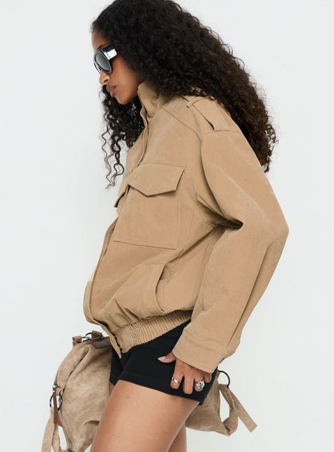 Double Life Funnel Neck Cargo Jacket Beige Petite
