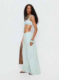 side view of model wearing Princess Polly Talyssa Elasticated Waist Pants Blue Stripe Mid Rise Pants 