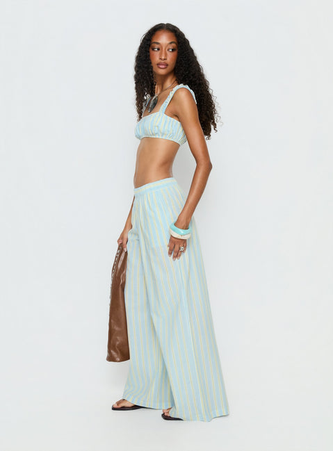 side view of model wearing Princess Polly Talyssa Elasticated Waist Pants Blue Stripe Mid Rise Pants 