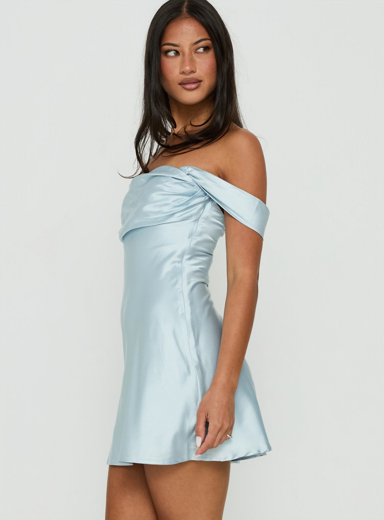 Zabbarra Satin Off The Shoulder Mini Dress Blue