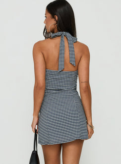 Fabrizia Halter Lace Trim Mini Dress Navy Check