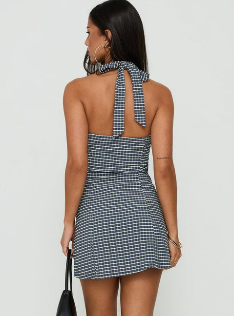 Fabrizia Halter Lace Trim Mini Dress Navy Check