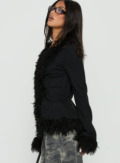 Brynlie Faux Fur Trim Boxy Cardigan Black