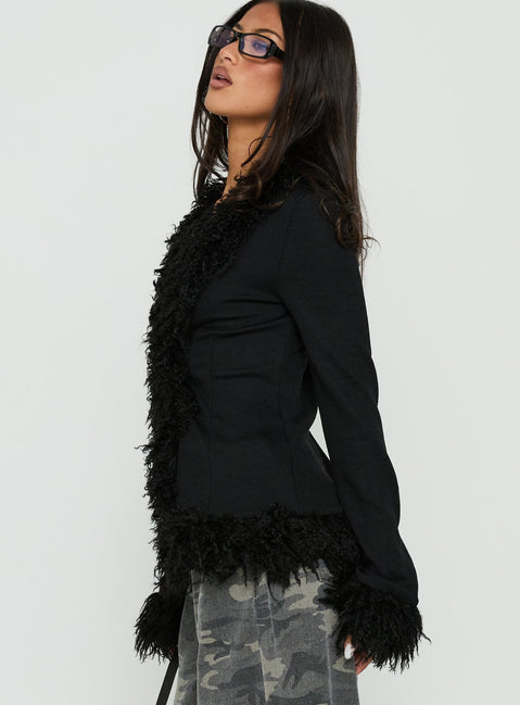 Brynlie Faux Fur Trim Boxy Cardigan Black