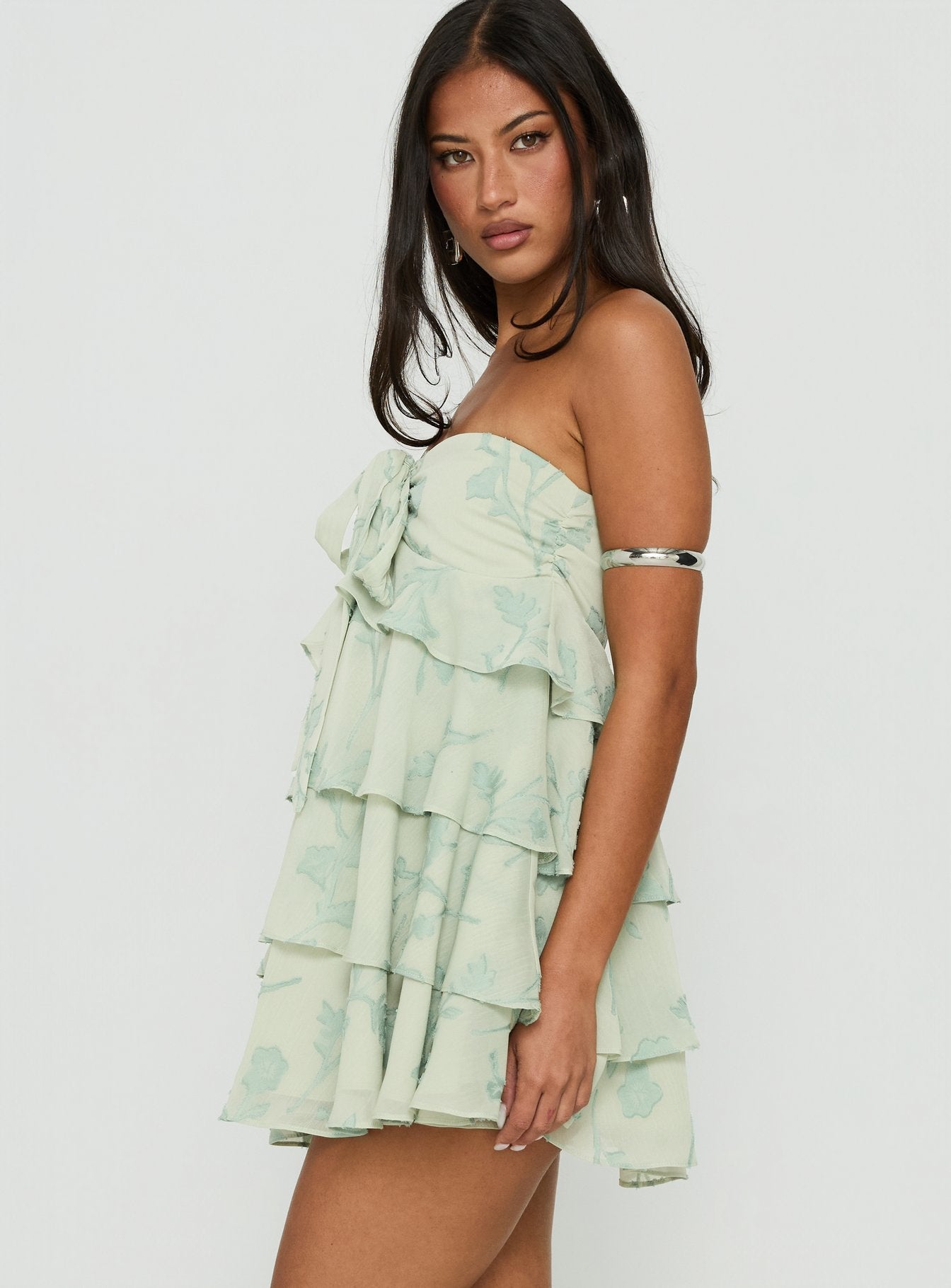 Kalari Strapless Layered Mini Dress Soft Green