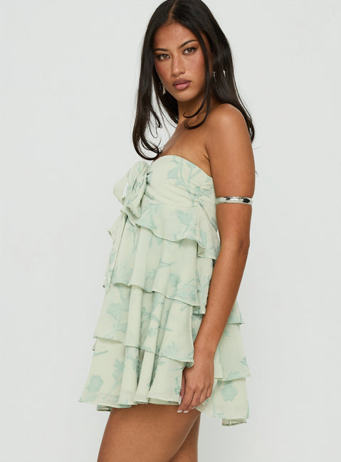 Kalari Strapless Layered Mini Dress Soft Green