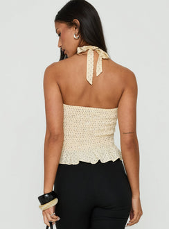 Almost Love Shirred Halter Top Butter Polka Dot
