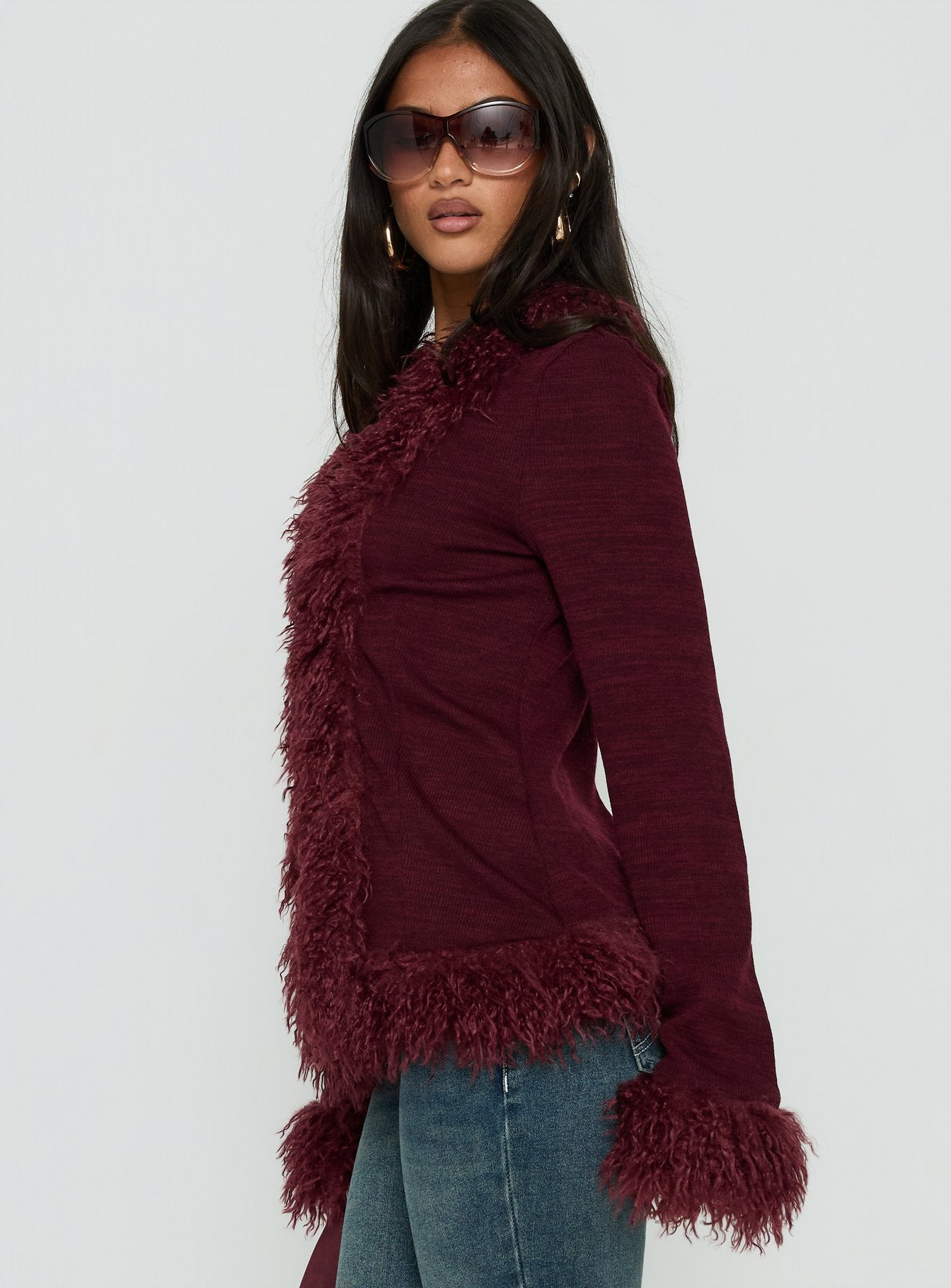 Brynlie Faux Fur Trim Boxy Cardigan Burgundy