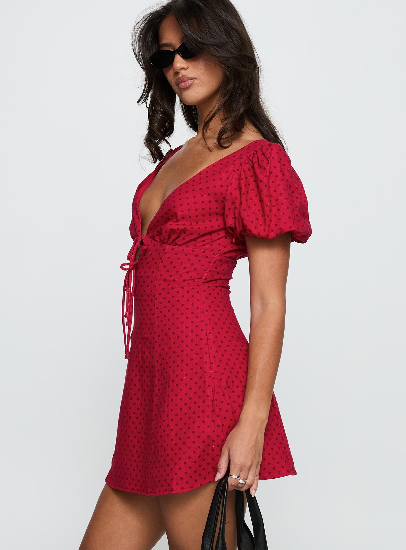 Princess Polly Women's Beloved Polka Dot Puff Sleeve Linen Blend Minidress - Red - Mini Dresses Princess Polly Women's Beloved Polka Dot Puff Sleeve Linen Blend Minidress - Red - Mini Dresses