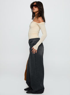 side view of model wearing Princess Polly Naylor Wide Leg Jeans Grey Wash Low Rise Jeans 