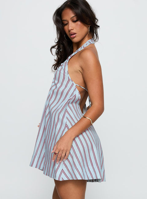 Daydreams Linen Blend Halter Mini Dress Blue / Maroon Stripe | Princess Polly Daydreams Linen Blend Halter Mini Dress Blue / Maroon Stripe | Princess Polly