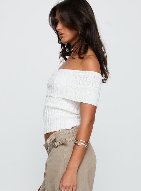 side view of model wearing Princess Polly Murmur Off Shoulder Top White Short Sleeves straight 