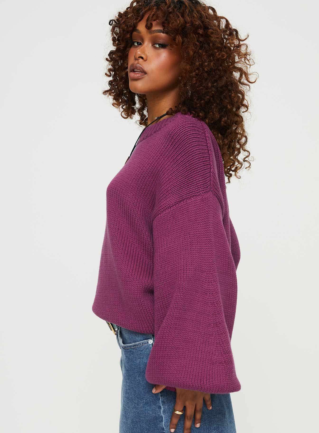 side view of model wearing Princess Polly Harmony Knit Sweater Burgundy 