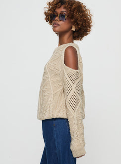 side view of model wearing Princess Polly Colser Cable Knit Sweater Beige Beige regular 