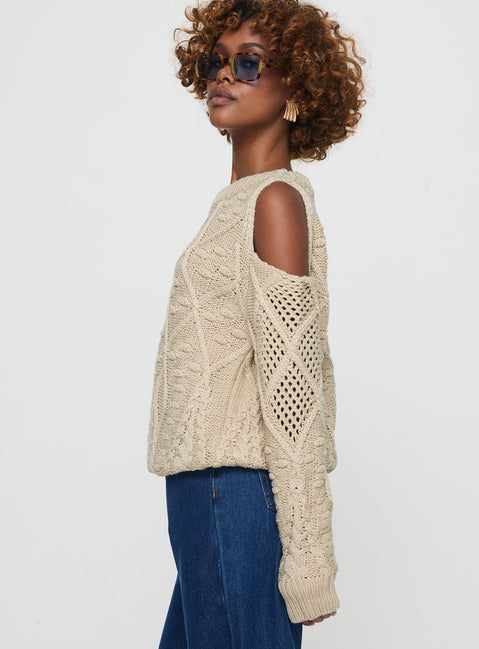 side view of model wearing Princess Polly Colser Cable Knit Sweater Beige Beige regular 