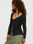 Long sleeve top V-neckline, open front, sheer knit-like material, tie fastening at bust 
