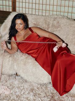 side view of model wearing Princess Polly Strauss Maxi Dress Red Curve Square Neck 