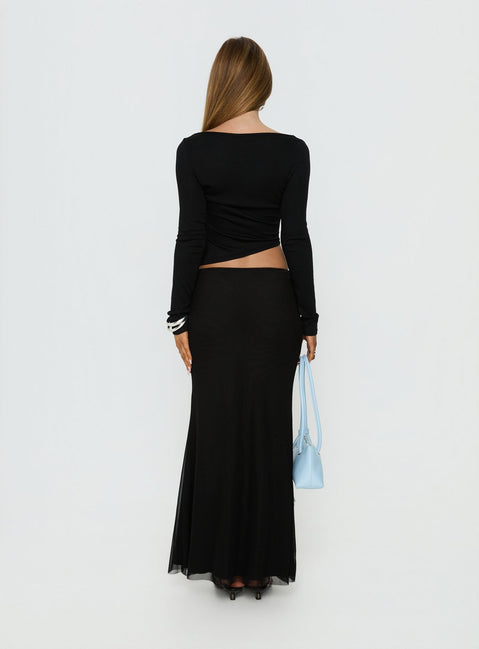 back view of model wearing Princess Polly Caviar Tie Maxi Skirt Black Maxi Skirts Skirts 