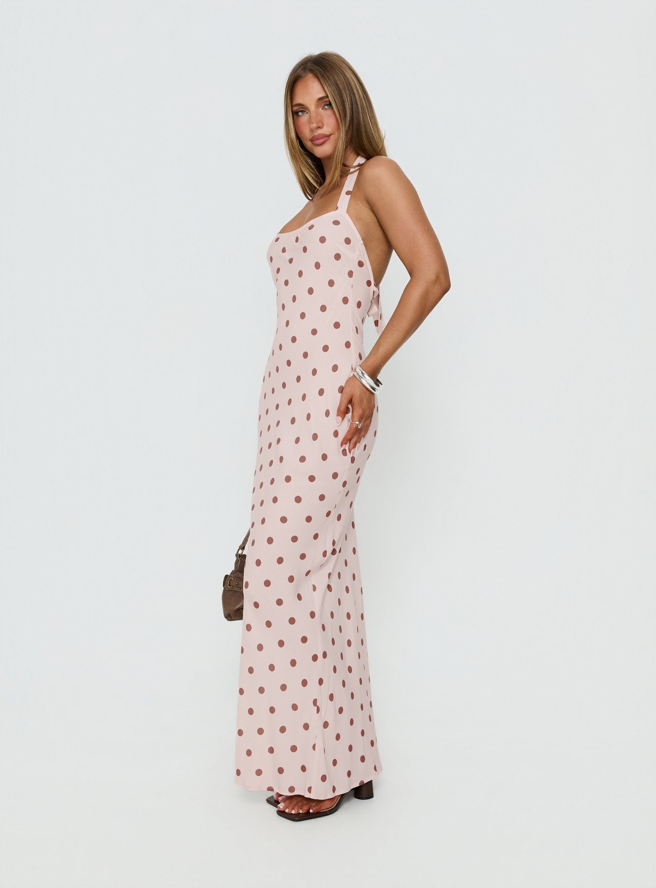 Picante Bias Cross Back Maxi Dress Pink Polka