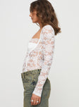 side view of model wearing Princess Polly Cadrot Long Sleeve Lace Bodysuit White Full Sleeves Sweetheart 