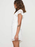 Lace mini dress V neckline, frill sleeves, ruched tie fastening at side Good stretch, fully lined