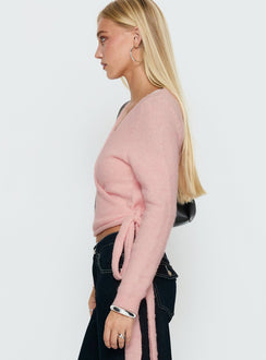 side view of model wearing Princess Polly Tonee Wrap Knit Cardigan Pink cropped 