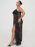 side view of model wearing Princess Polly Feather Maxi Dress Multi Curve Plunger 