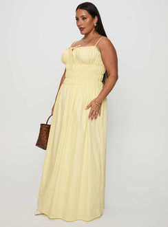 side view of model wearing Princess Polly Loralei Shirred Maxi Dress Yellow Curve Square Neck 