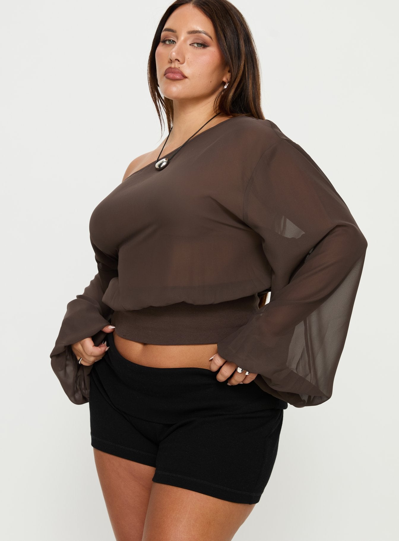 Idalina Slouchy Chiffon Top Brown Curve