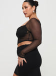 side view of model wearing Princess Polly Maranta Long Sleeve Top Black Curve Full Sleeves Sweetheart 