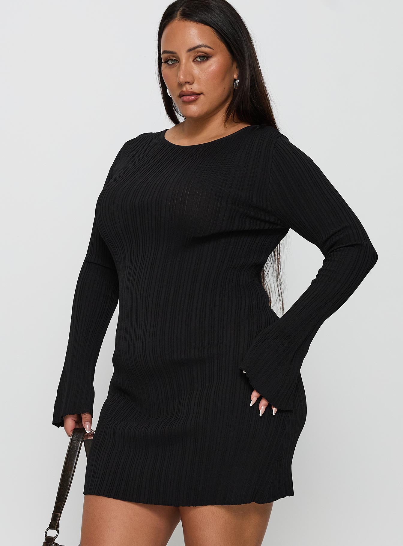 front view of model wearing Princess Polly Mayok Long Sleeve Mini Dress Black Curve Crew Neck 