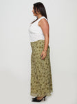   side view of model wearing Princess Polly Piazia Maxi Skirt Green Curve Maxi 