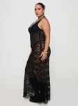 side view of model wearing Princess Polly Zhara Lace Dress Black Curve Scoop Neck 