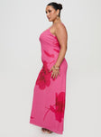 side view of model wearing Princess Polly Knox Maxi Dress Hot Pink Floral Curve Scoop Neck 