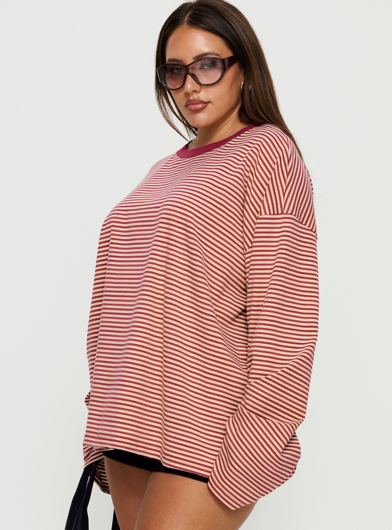 Settle Down Long Sleeve Top Lemon / Burgundy Stripe Curve