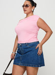   side view of model wearing Princess Polly Nickei Denim Mini Skirt Mid Wash Curve Mini Skirts 