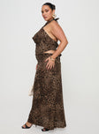   side view of model wearing Princess Polly Eleganza Maxi Skirt Leopard Curve Maxi 