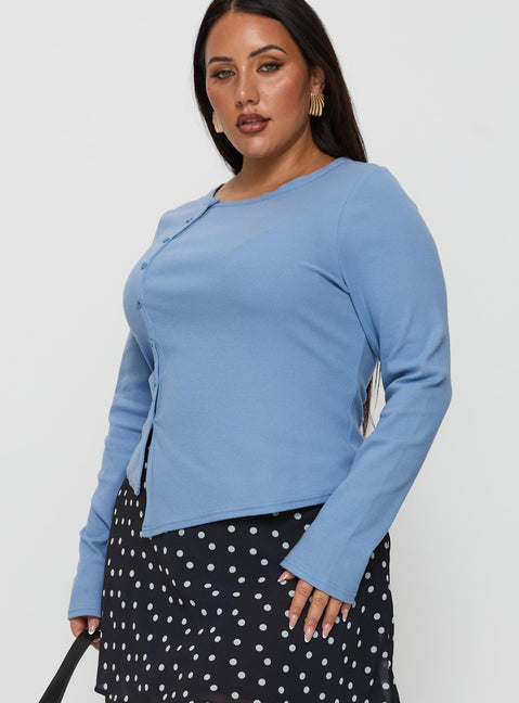 side view of model wearing Princess Polly Baseline Button Up Long Sleeve Top Blue Curve Full Sleeves Crew Neck 