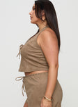 side view of model wearing Princess Polly Eternal Youth Faux Suede Top Taupe Curve Sleeveless V-Neck 