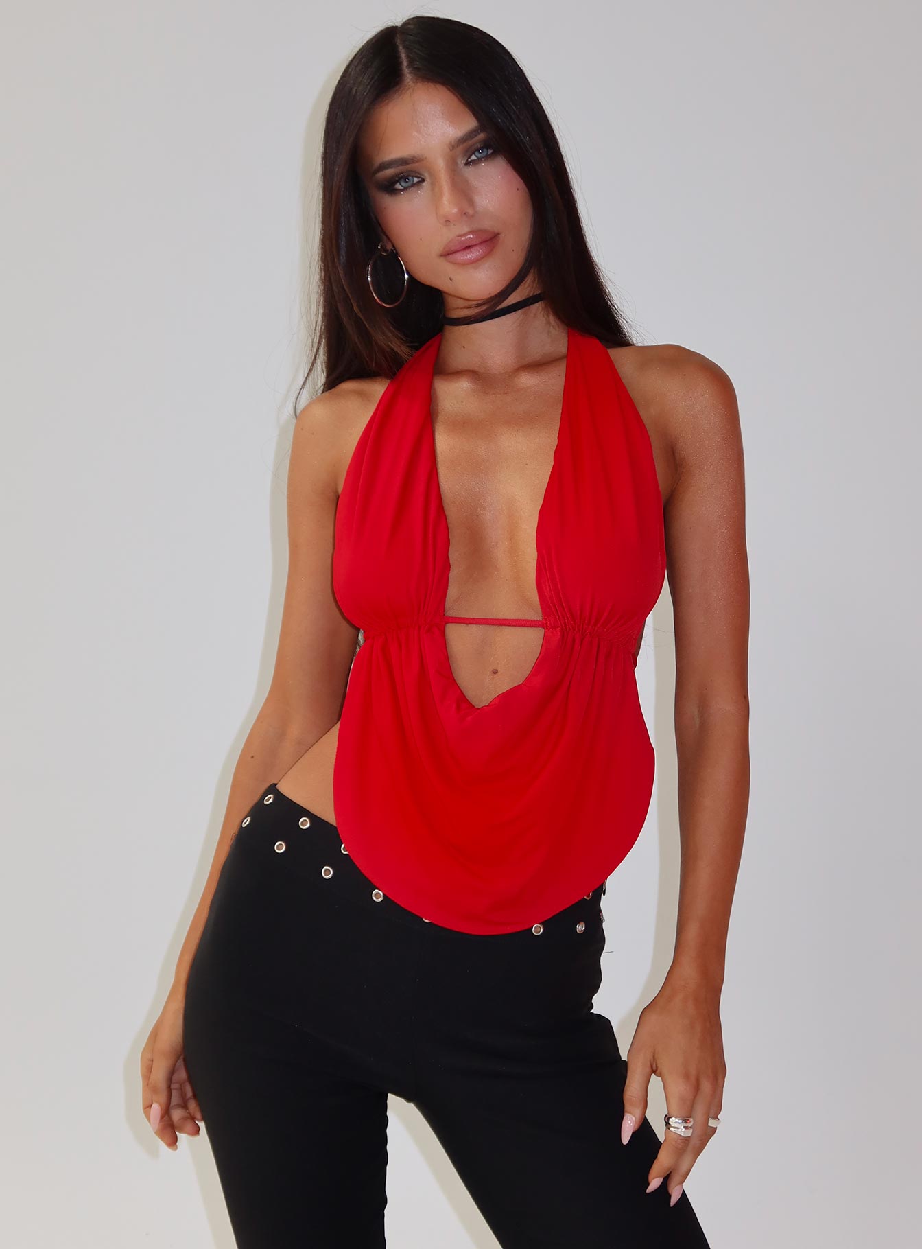 Tamsyn Plunge Halter Top Red