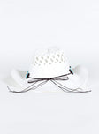 Cowboy hat Woven straw Curved wide brim  Internal adjustable drawstring Mouldable brim shape Bead detail