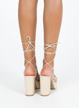 Heels Faux leather material Strappy upper Shaved block heel Square toe Ankle wrap fastening