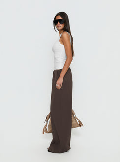side view of model wearing Princess Polly Lunea Concealed Waistband Pants Brown Low Rise Pants 