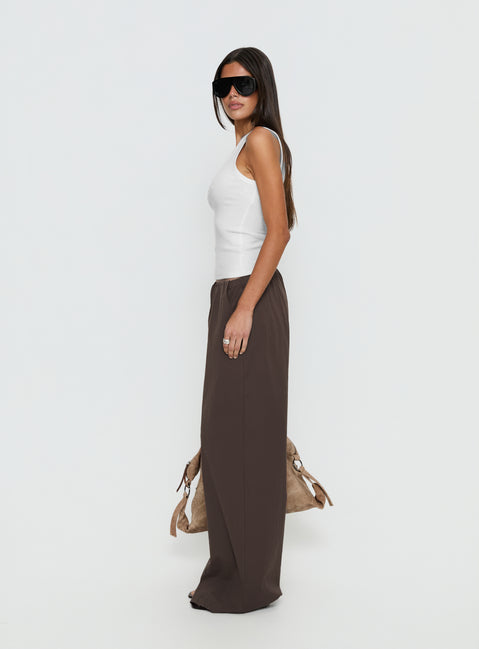 side view of model wearing Princess Polly Lunea Concealed Waistband Pants Brown Low Rise Pants 